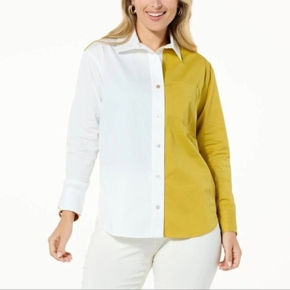 WynneLayers Poplin Colorblock Button - White/Chartreuse - XL
